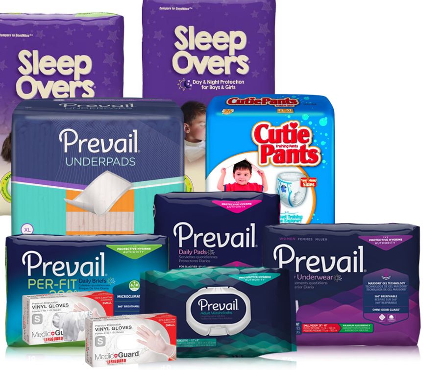 Incontinence products we supply, including briefs, pull-ups, underpads, bladder pads and vinyl gloves