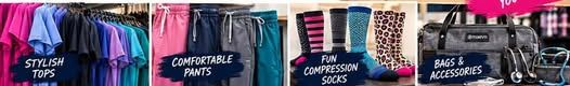 Stylish tops, comfortable pants, fun compression socks, and bags and accessories